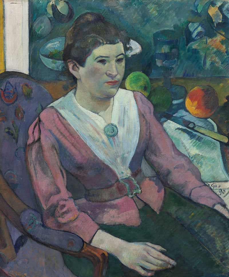 Woman in Front of a Still Life by Cézanne, by Paul Gauguin: a woman in pink seated before a painting of fruit