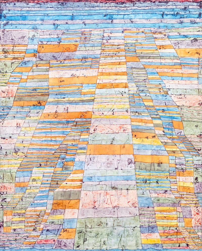 Highway and Byways by Paul Klee: a straight path of orange and blue bands rising to a horizon, with side paths