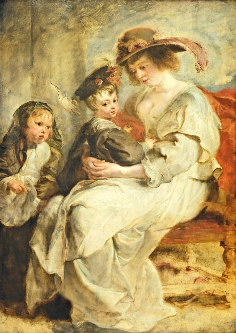 Helena Fourment with Children by Rubens: a young woman in white holding a little boy on her lap, a girl beside them