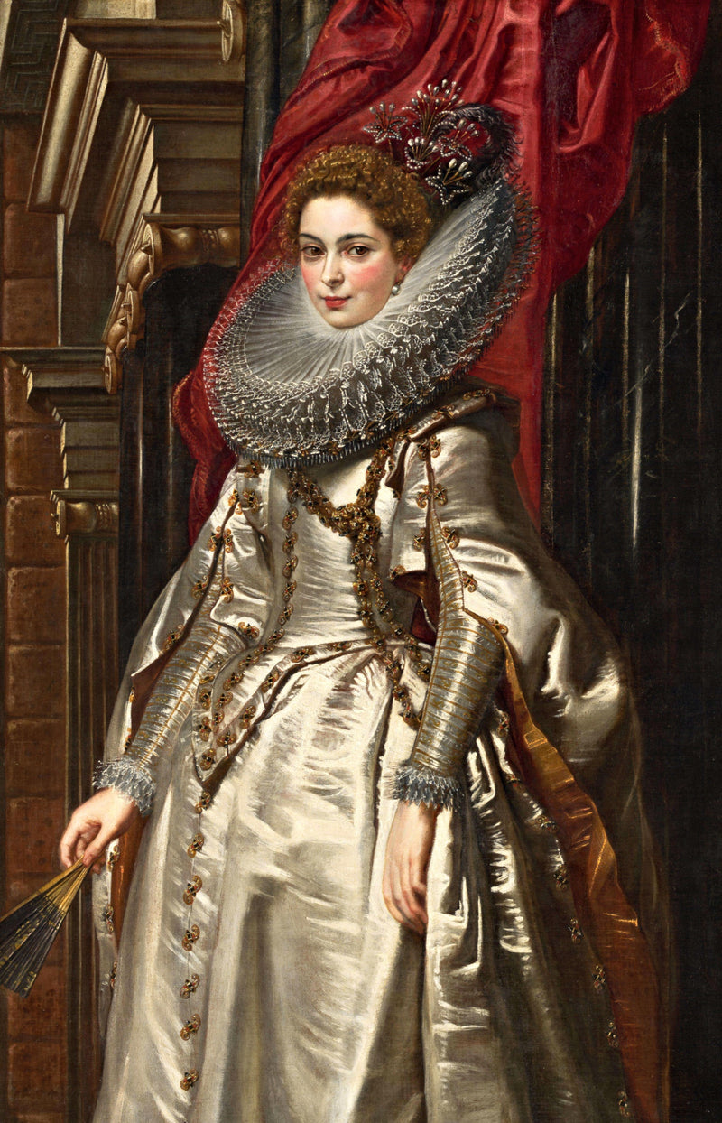 Marchesa Brigida Spinola-Doria by Rubens: a young woman in a shimmering satin gown and a wide lace ruff, a red curtain