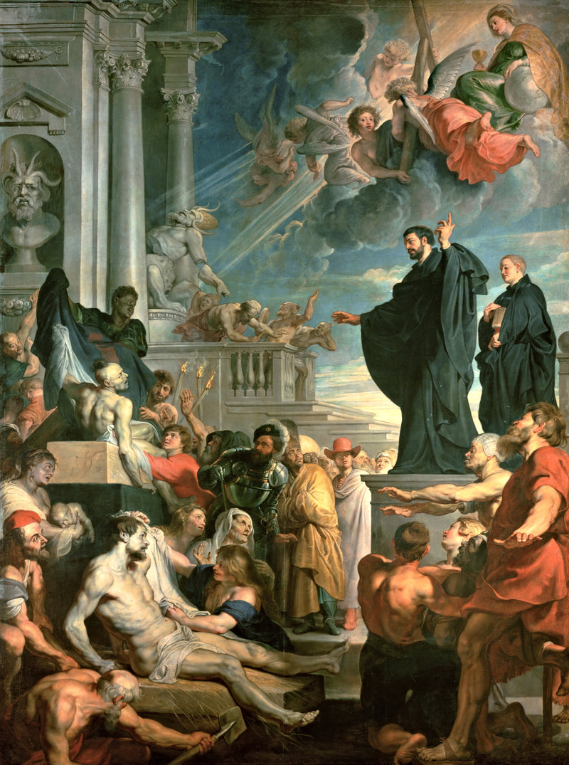 Miracles of St Francis Xavier by Rubens: a saint in black on a platform raises his hand over a crowd of the sick