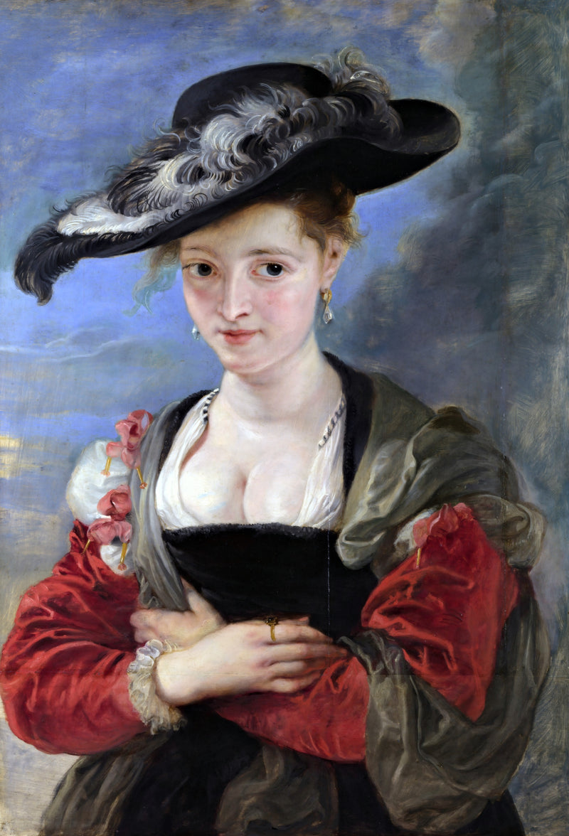 Le Chapeau de Paille by Rubens: a young woman in a black feathered hat and red sleeves, arms folded, against a blue sky