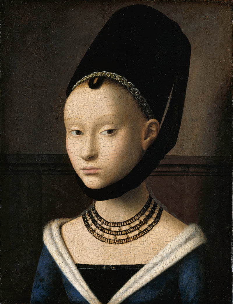 Portrait of a Young Girl by Petrus Christus: a pale young woman in a tall black hat and ermine collar, with gold beads