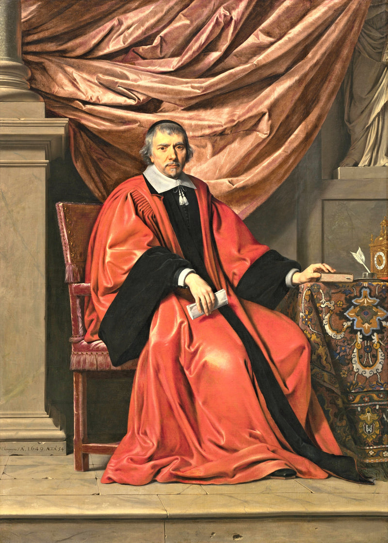 Omer Talon by Philippe de Champaigne: a magistrate in scarlet robes sits in a chair before a pale silk curtain