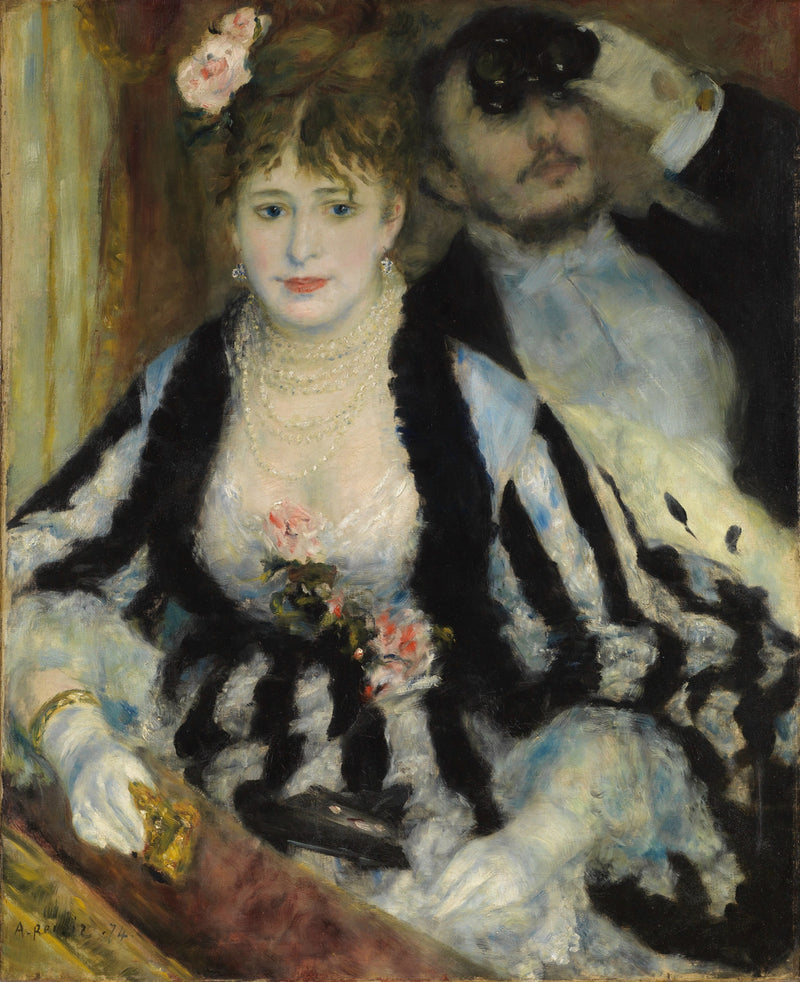 La Loge by Renoir: a woman in a black and white striped gown and pearls in a theatre box, a man with opera glasses behind