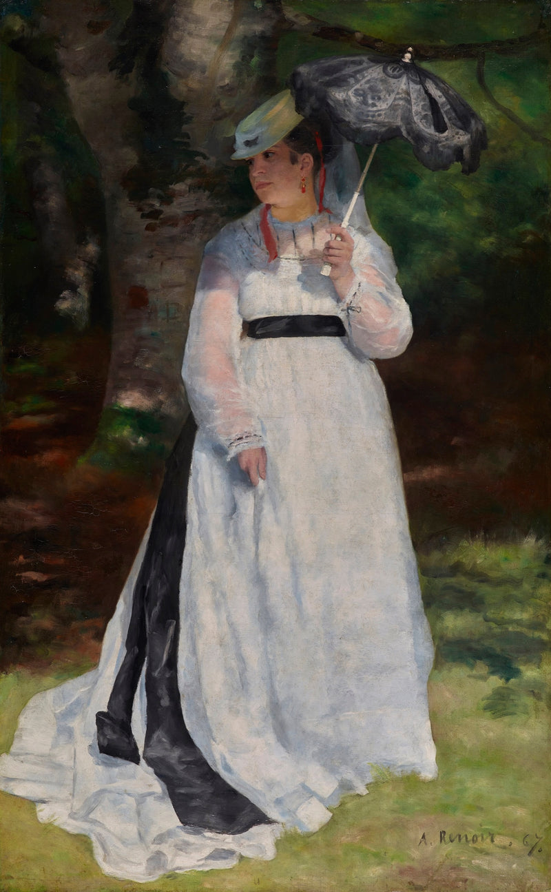 Lise with a Parasol by Renoir: a young woman in a long white dress and black sash holds a black lace parasol in a forest