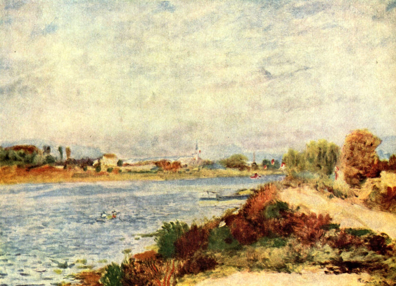 The Seine at Argenteuil by Renoir: a riverbank of red and orange bushes beside pale blue water under a creamy sky