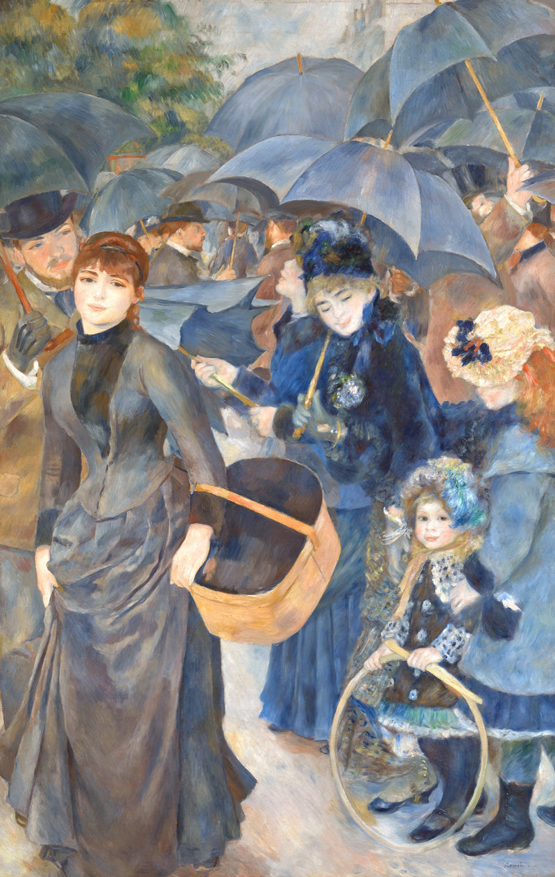 The Umbrellas by Pierre-Auguste Renoir: a crowd under blue-grey umbrellas, a girl with a hoop and a young woman with a hatbox