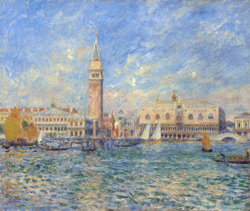 Venice, the Doge’s Palace by Renoir: the bell tower and Doge’s Palace across a shimmering blue lagoon dotted with gondolas