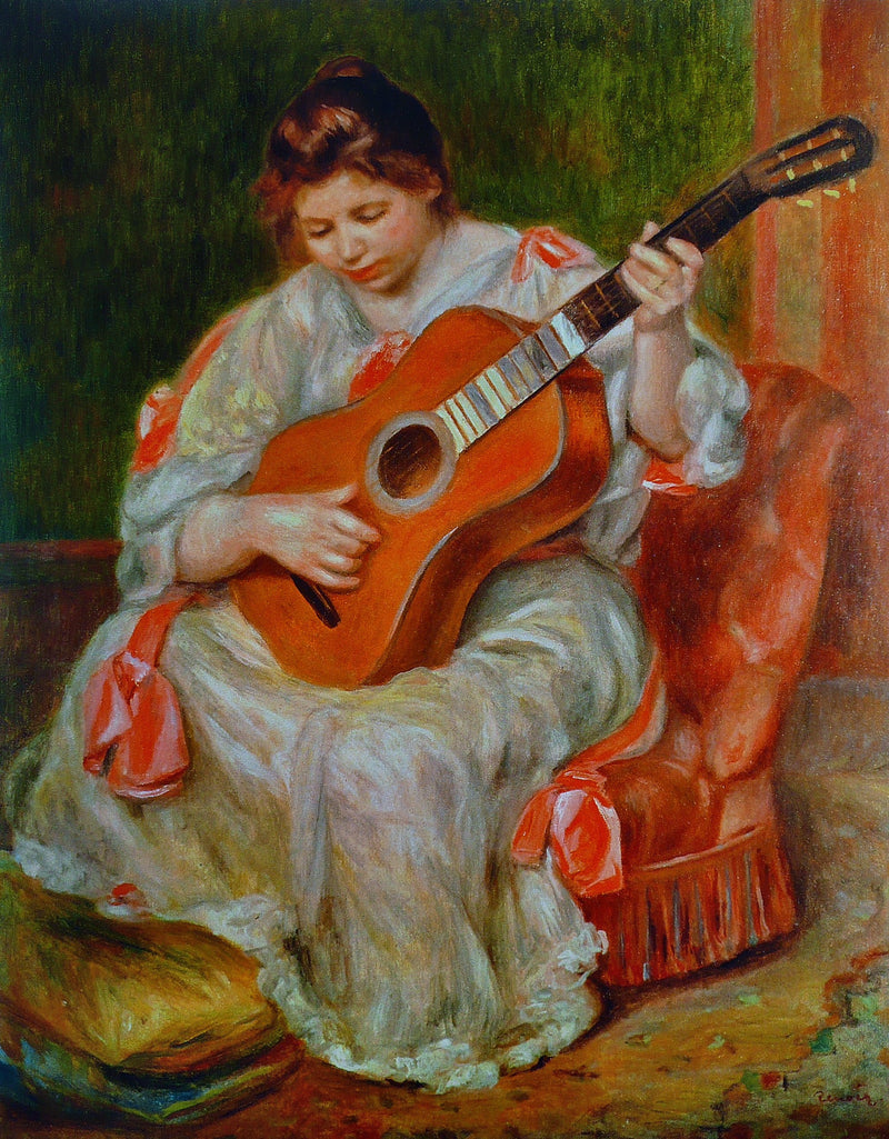 Woman Playing a Guitar by Renoir: a woman in a white dress with pink bows playing a red guitar in a red armchair