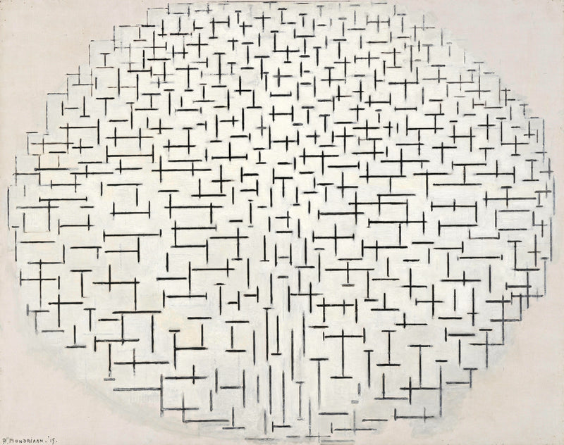 Composition 10 in Black and White by Piet Mondrian: an oval of short black crosses and lines on a white ground