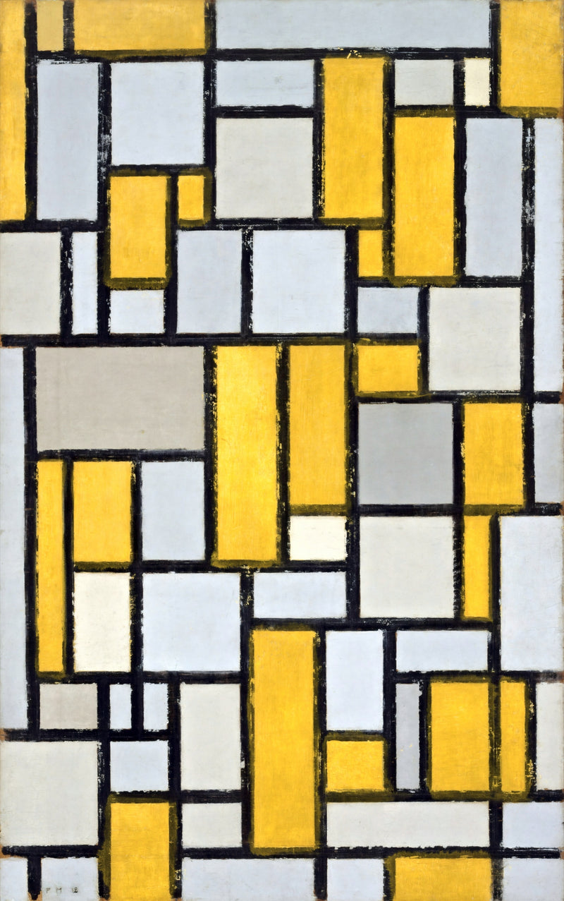 Composition with Grid No. 1 by Piet Mondrian: a tall grid of grey, white and ochre-yellow rectangles