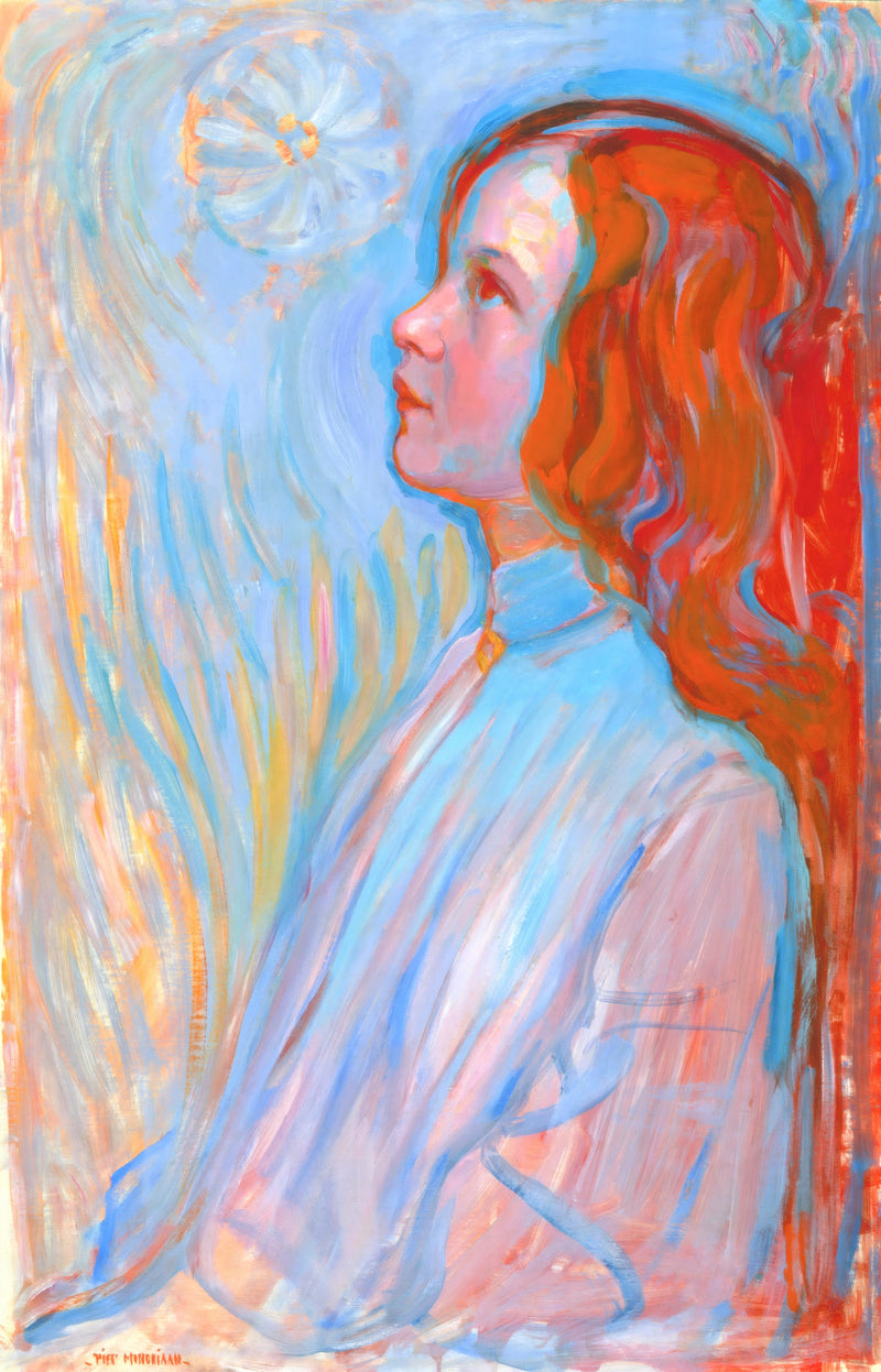 Devotion by Piet Mondrian: a girl with long red hair in profile, dressed in blue, looking up at a flower