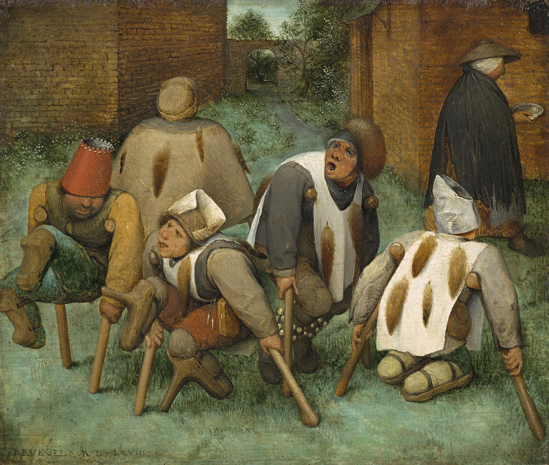 The Beggars by Pieter Bruegel the Elder: five men on crutches with fox tails on their coats on grass by brick walls