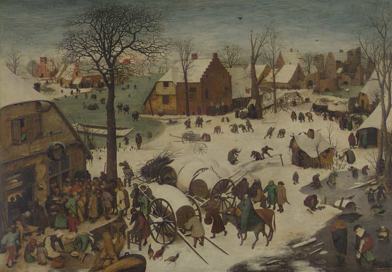 The Census at Bethlehem by Bruegel: a snowy Flemish village at sunset, crowds at an inn, children playing on the ice