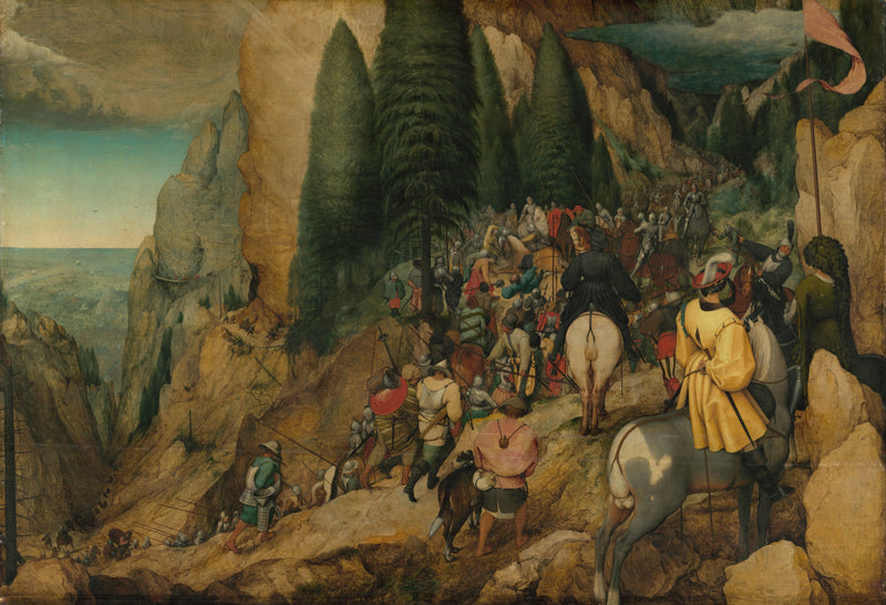 The Conversion of Paul by Pieter Bruegel the Elder: an army with horses climbs a rocky pass among tall pines above the sea