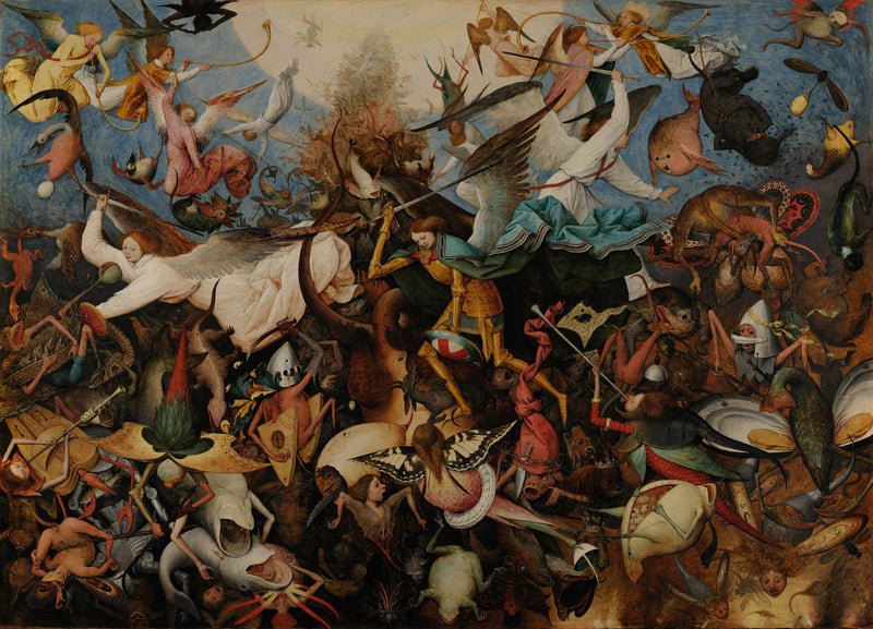 The Fall of the Rebel Angels by Bruegel: Saint Michael in golden armour among falling winged creatures and angels
