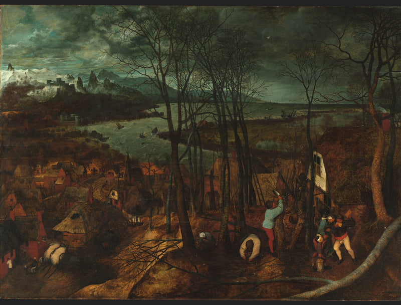 The Gloomy Day by Pieter Bruegel the Elder: bare trees and a village above a stormy bay with ships, dark mountains behind