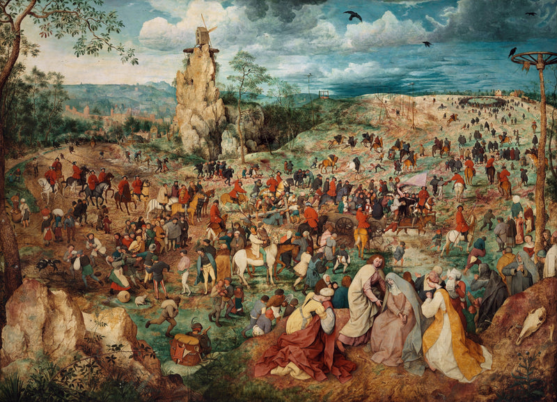 The Procession to Calvary by Pieter Bruegel the Elder: a vast crowd crossing a landscape, a windmill on a high crag