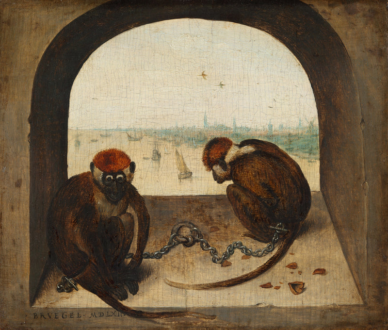 Two Chained Monkeys by Pieter Bruegel the Elder: two red-capped monkeys chained in a stone arch, a harbour and ships behind