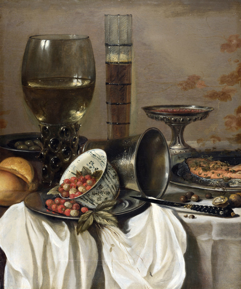Still Life with Drinking Vessels by Pieter Claesz: tall glasses, a bowl of strawberries, pewter and silver on white cloth
