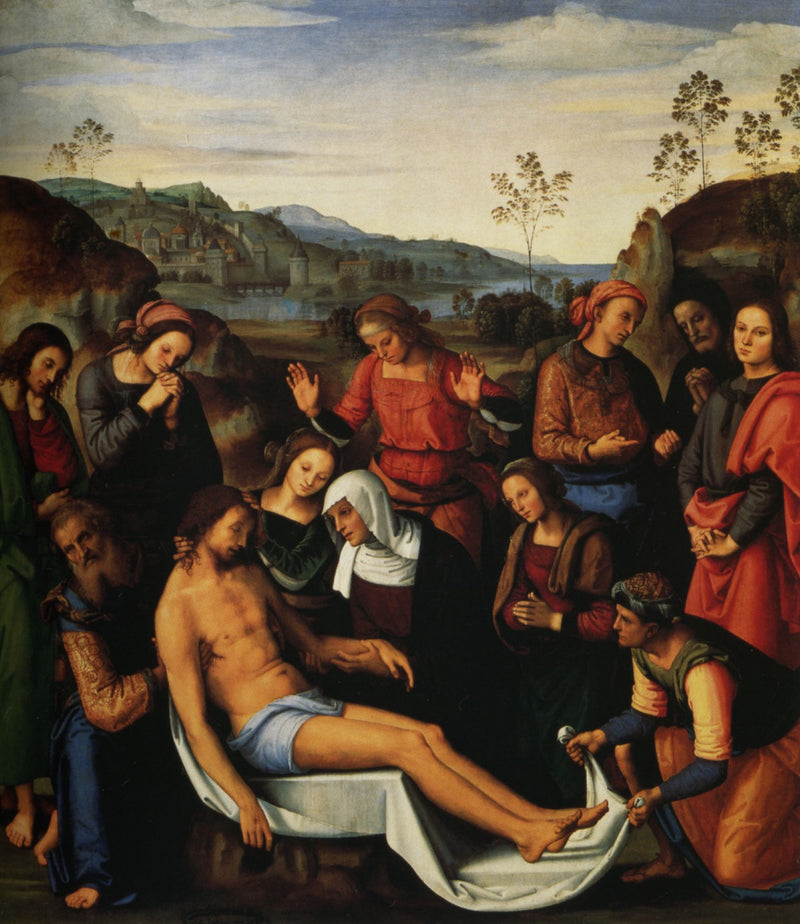 Lamentation over the Dead Christ by Perugino: mourners in red and blue around Christ on a white shroud, hills behind
