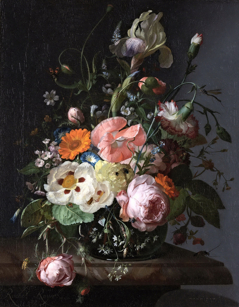 Still Life with Flowers by Rachel Ruysch: roses, poppies, irises and carnations in a glass vase on marble, dark background