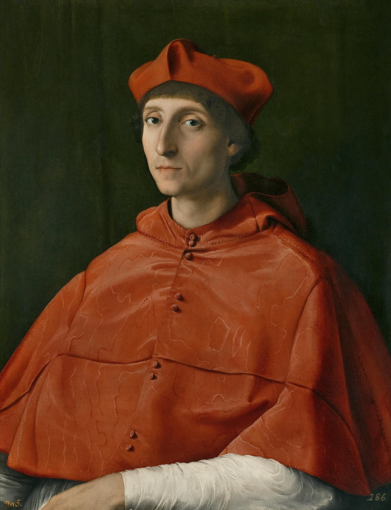 Portrait of a Cardinal by Raphael: a thin young man in a red cardinal’s cape and cap against a dark green background
