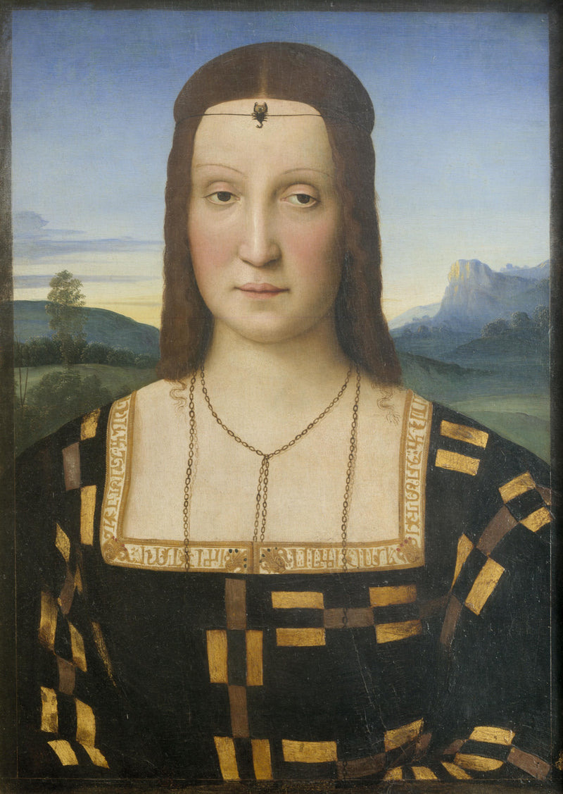 Portrait of Elisabetta Gonzaga: a pale duchess in a black gown with gold squares and a jewel on her forehead, hills behind