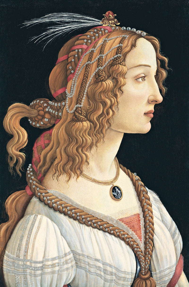 Idealized Portrait of a Lady by Botticelli: a young woman in profile with braided golden hair, pearls and a cameo pendant