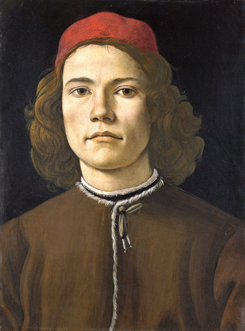 Portrait of a Young Man by Botticelli: a youth with dark blond curls and a red cap, facing forward in a brown doublet