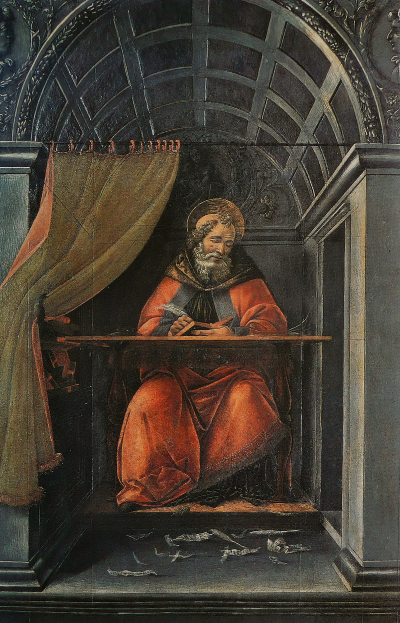 Saint Augustine in His Study by Botticelli: a bearded saint in red writing at a desk in a vaulted stone cell
