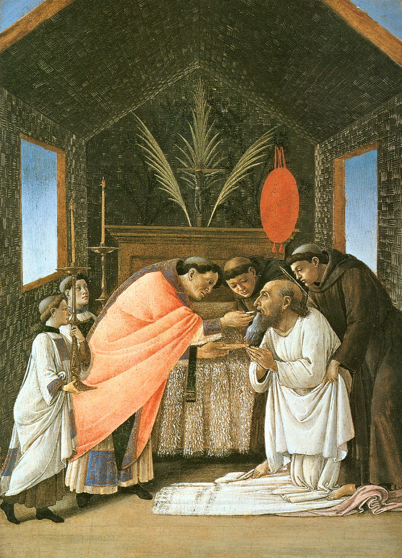 The Last Communion of Saint Jerome by Botticelli: monks kneel round an old man taking communion in a small chapel