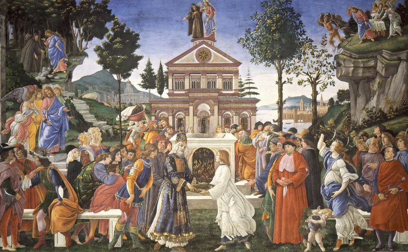 The Temptations of Christ by Botticelli: a crowd before a classical temple, small scenes of Christ and a hermit above