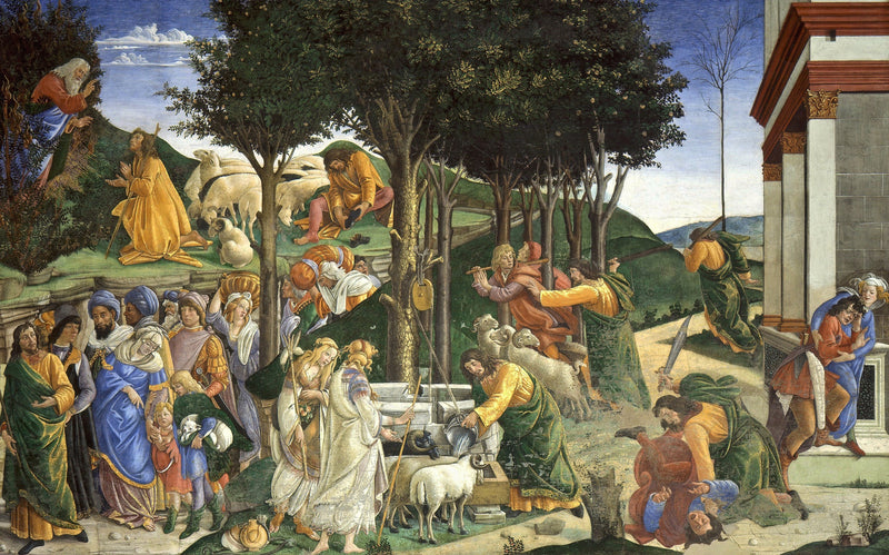 The Trials of Moses by Botticelli: scenes of Moses in yellow and green among trees, sheep at a well, women in pale robes