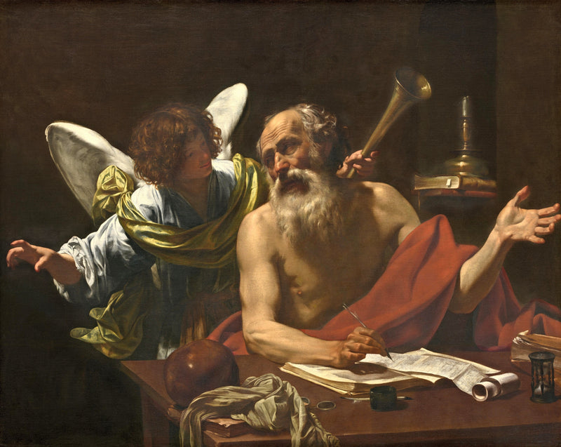 Saint Jerome and the Angel by Simon Vouet: a white-bearded scholar turns as a winged angel holds a trumpet to his ear