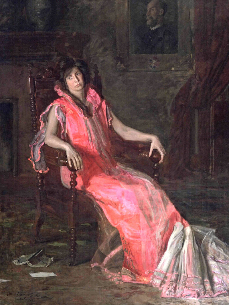 An Actress by Thomas Eakins: a woman in a vivid pink gown sprawls in a carved chair in a dark study, papers on the floor