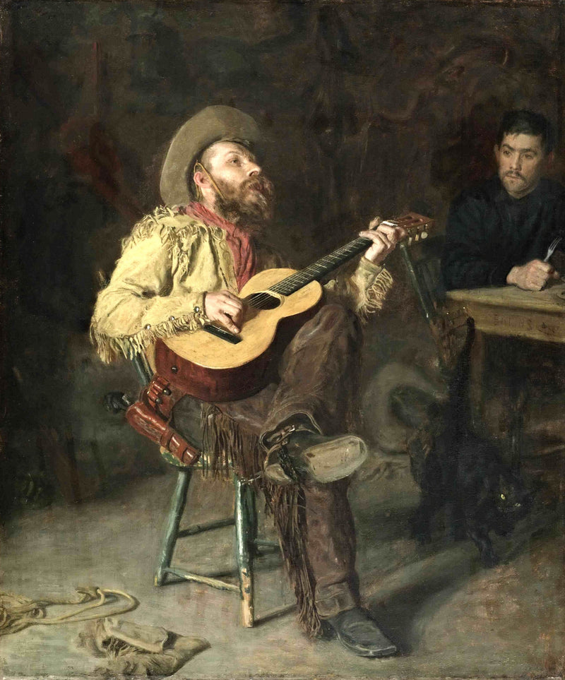Home Ranch by Thomas Eakins: a bearded man in a wide hat and fringed buckskin plays a guitar, a man listens at a table