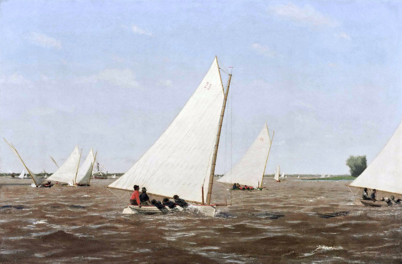 Sailboats Racing on the Delaware by Thomas Eakins: white-sailed boats on a choppy brown river under a pale blue sky