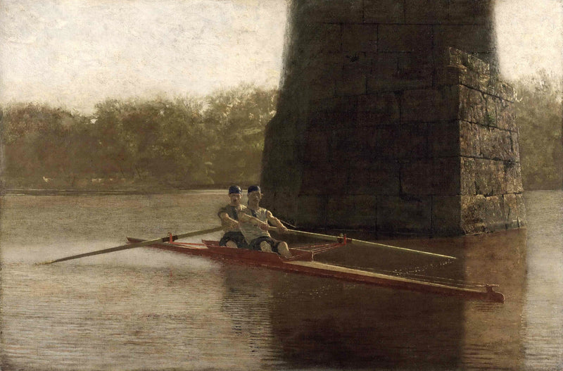 The Pair-Oared Shell by Thomas Eakins: two rowers in a long red shell glide past a huge stone bridge pier at evening