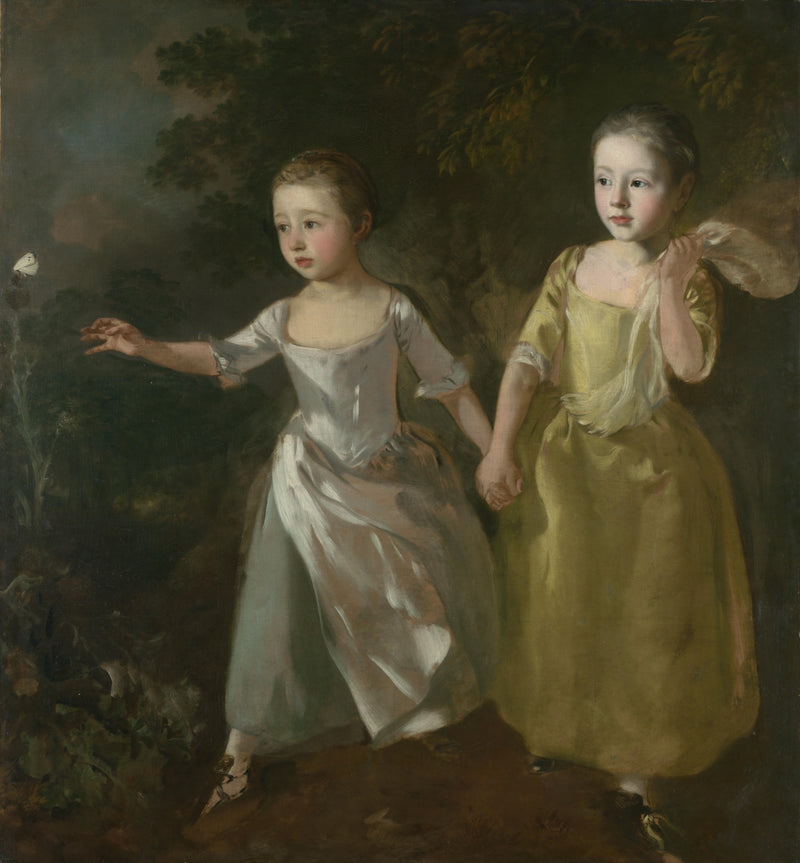 The Painter’s Daughters by Thomas Gainsborough: two little girls in pale dresses running hand in hand after a butterfly