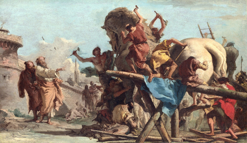 The Building of the Trojan Horse by Tiepolo: workmen on scaffolding building and painting a huge wooden horse