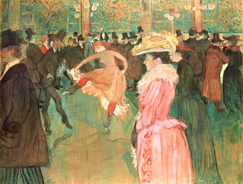 At the Moulin Rouge, The Dance by Toulouse-Lautrec: a couple dancing the can-can in a crowded hall, a woman in pink at right