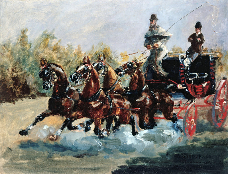 Count Alphonse Driving His Mail-Coach by Toulouse-Lautrec: four brown horses galloping with a black coach, a man with a whip