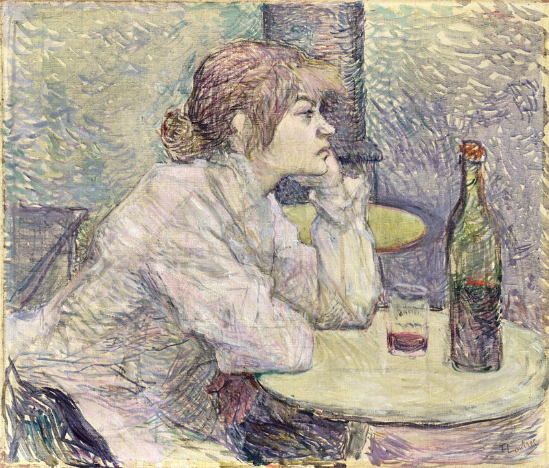 The Hangover by Toulouse-Lautrec: a red-haired woman in white, chin in hand, at a café table with a bottle and a glass