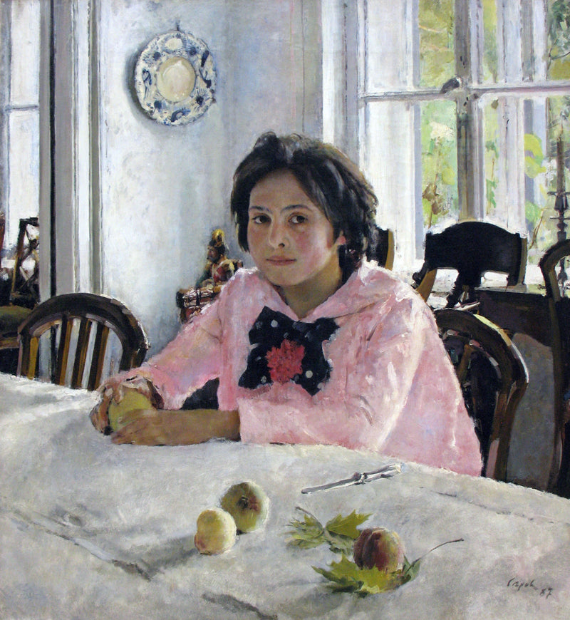 Girl with Peaches by Valentin Serov: a dark-haired girl in a pink blouse sits at a white table with peaches in a sunlit room