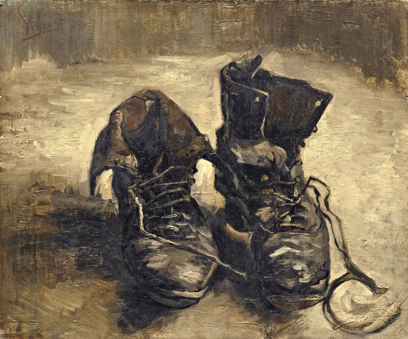 Shoes by Vincent van Gogh: a pair of worn-out leather boots with loose laces on a bare floor, in browns and dark blues