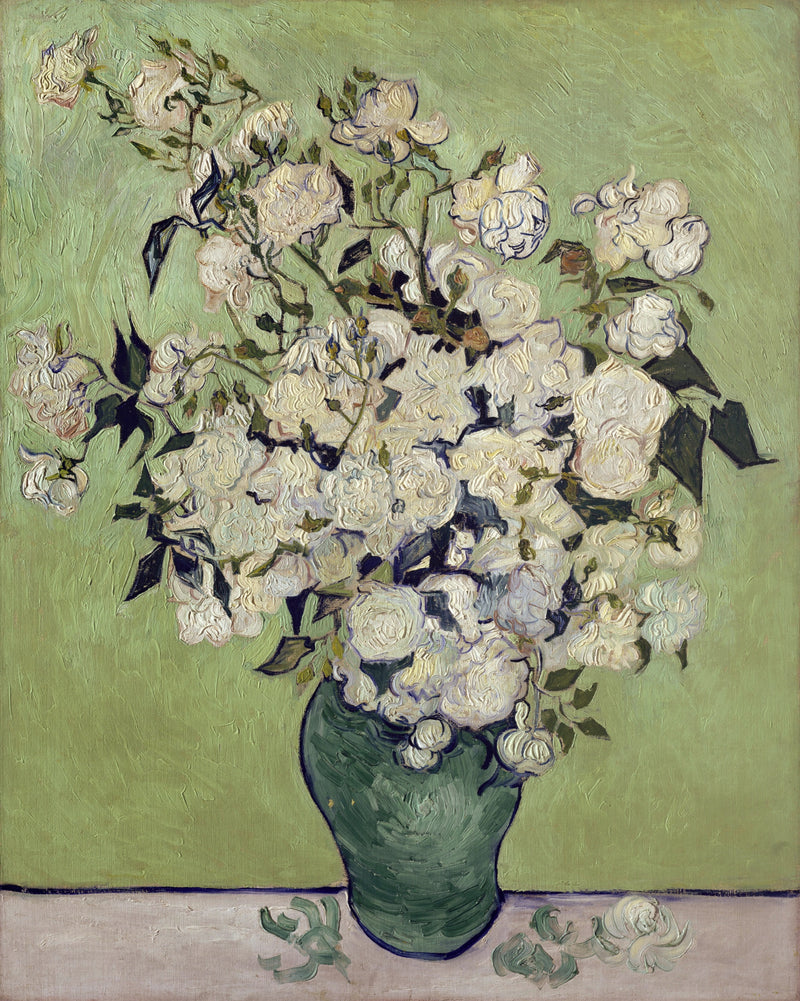 Roses by Vincent van Gogh: a big bouquet of white roses spilling from a green vase against a pale green wall