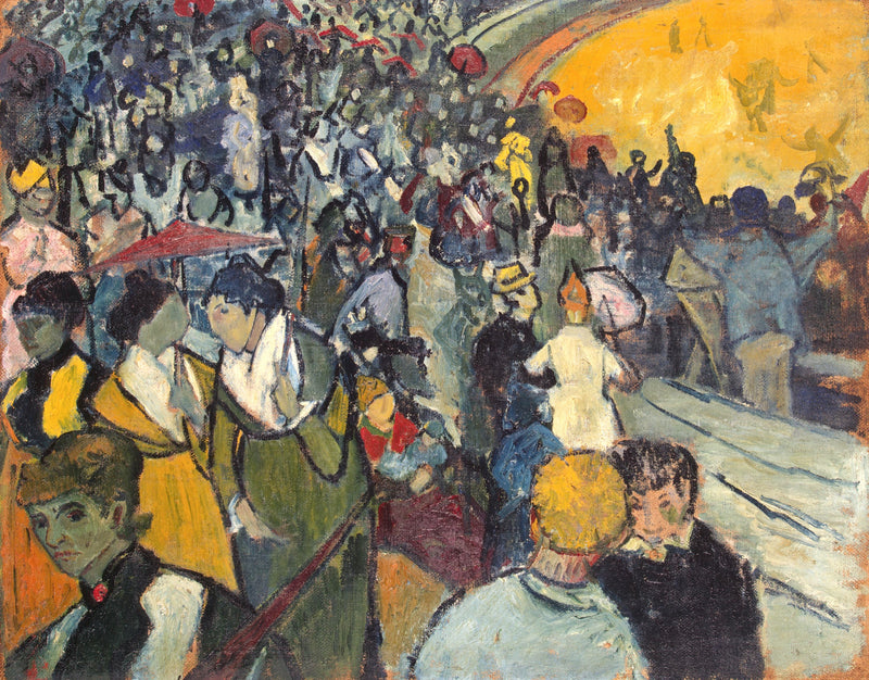 The Arena at Arles by Vincent van Gogh: a packed crowd in the stands of a bullring under an orange-yellow wall