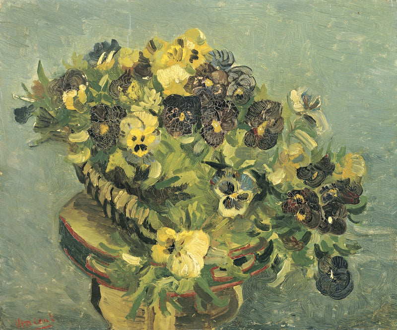 Basket of Pansies by Vincent van Gogh: yellow and purple pansies heaped in a basket on a small round table